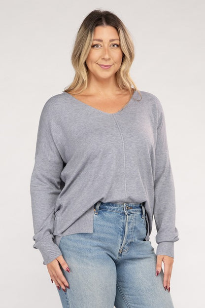 Hi Curvy Plus Size Women Garment Dyed Front Seam Sweater