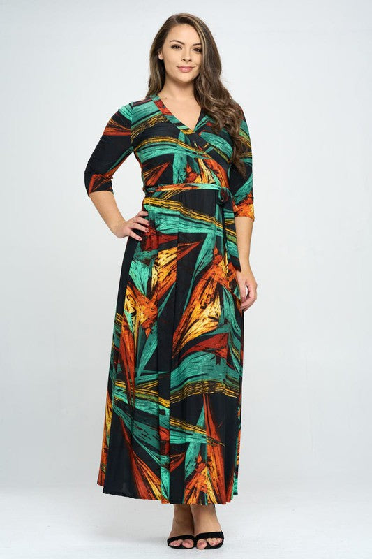 Plus Size 3/4 Sleeves Flare wrap Maxi dress