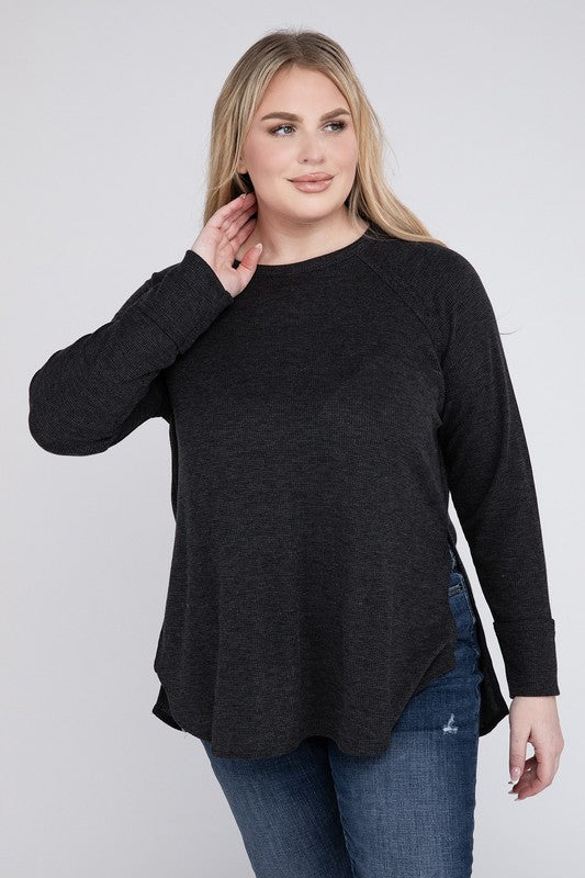 Plus Size Melange Baby Waffle Long Sleeve Top