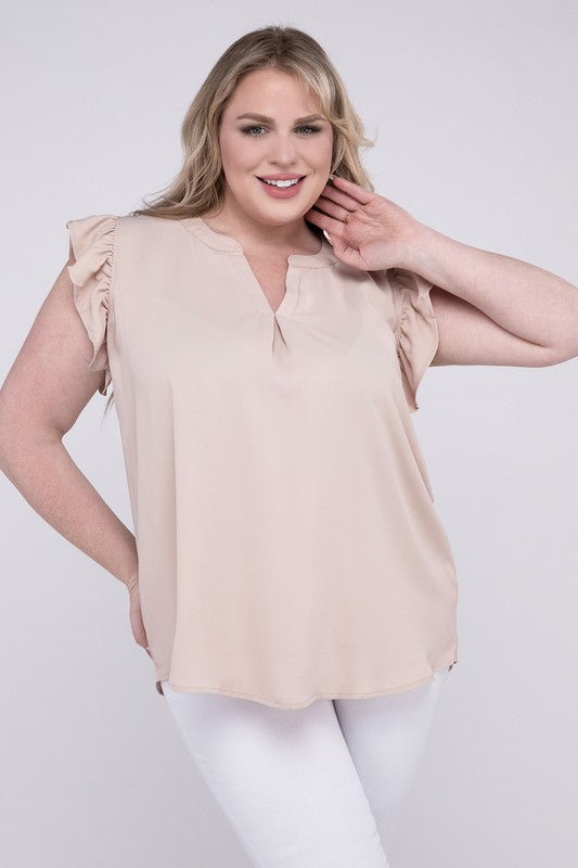 HI Curvy Plus Size Woven Wool Peach Ruffled Sleeve High-Low Top