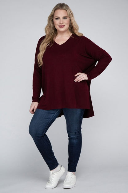 Hi Curvy Plus Size Women Dolman Sleeve V-Neck Side Slit Hi-Low Hem Top