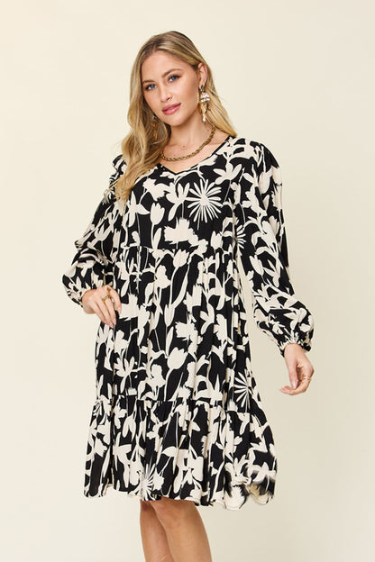 Full Size Printed Ruffle Hem Dress with Pocket