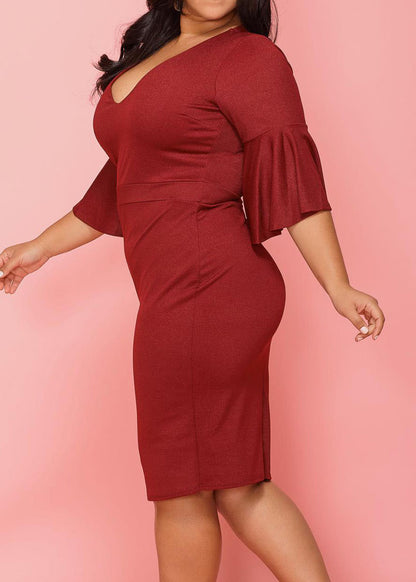 HI Curvy Plus Size Women V-Neck Bell Sleeve Cocktail Dress