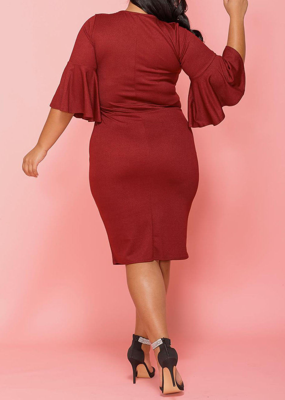 HI Curvy Plus Size Women V-Neck Bell Sleeve Cocktail Dress