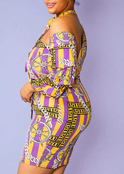 Plus Size Multi Stripe Print One Shoulder Bodycon Dress Mustard