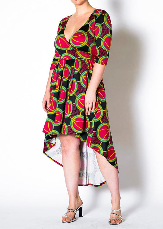 Hi Curvy Plus Size Women Multi Print Hi-Lo Wrap Midi Dress Made In USA