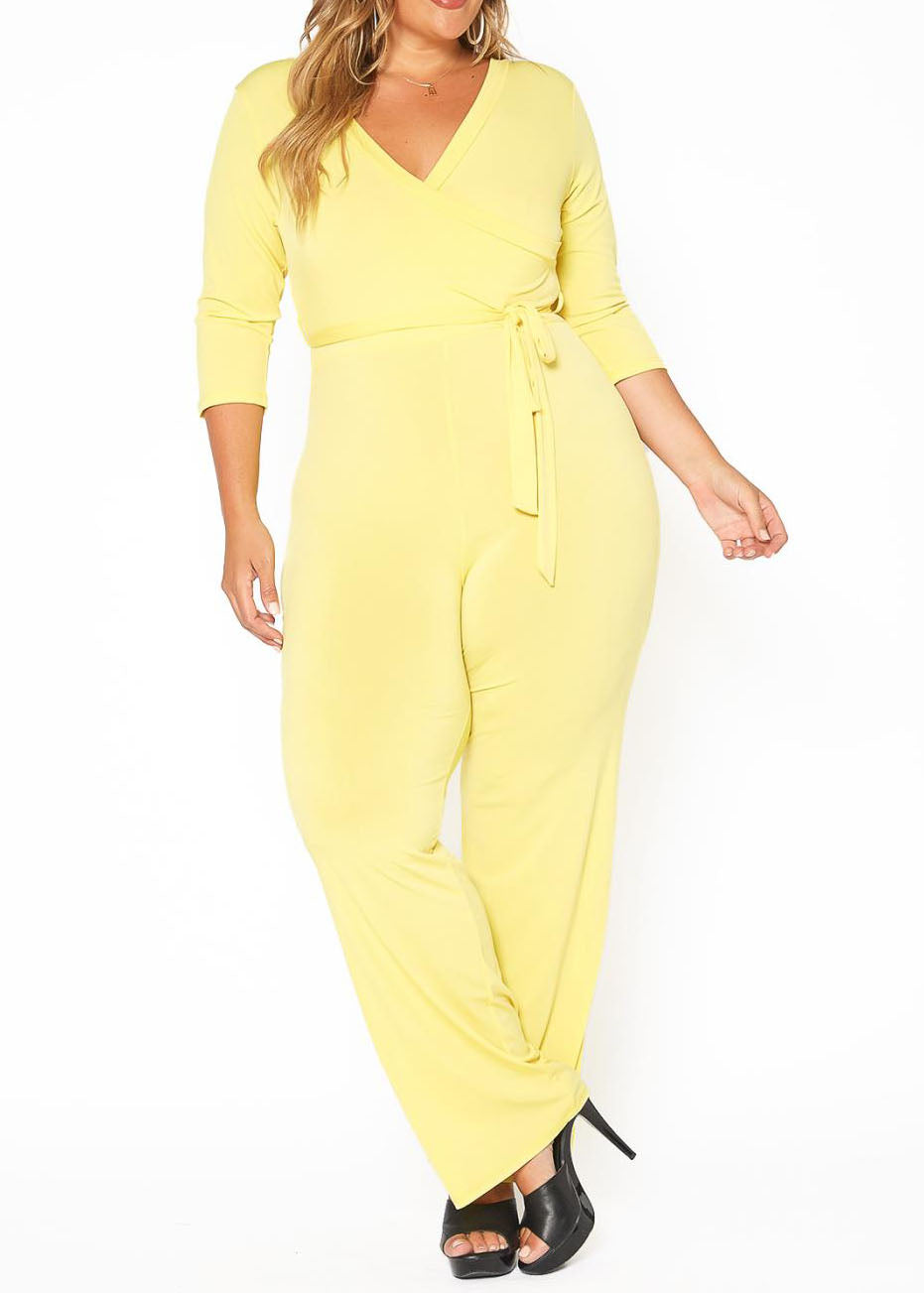 Plus Size 3/4 Sleeves Fancy knit Waist tie Jumpsuit