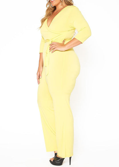 Plus Size 3/4 Sleeves Fancy knit Waist tie Jumpsuit