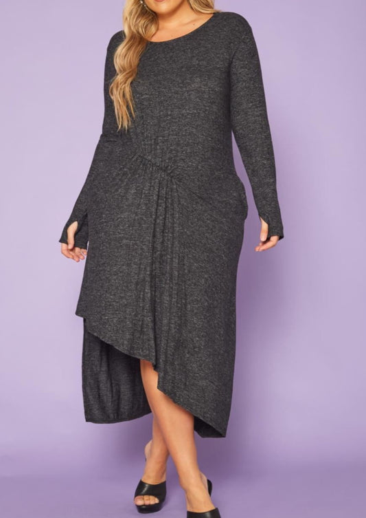 HI CURVY Plus Size Asymmetric Long Sleeve Midi Dress