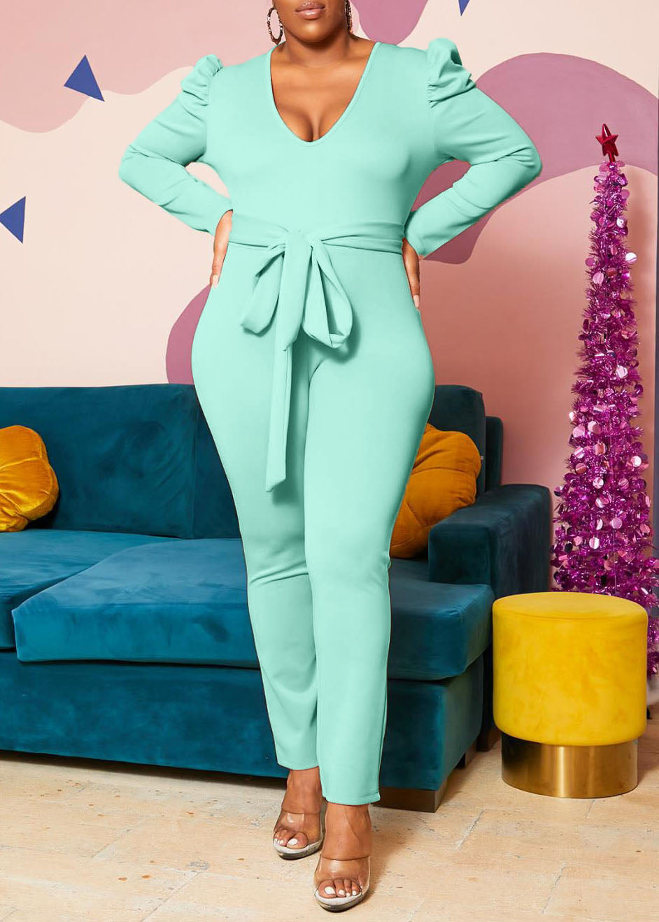 Hi Curvy  Plus Size Women Blushing Drama Shoulder Jumpsuit  Made in USA