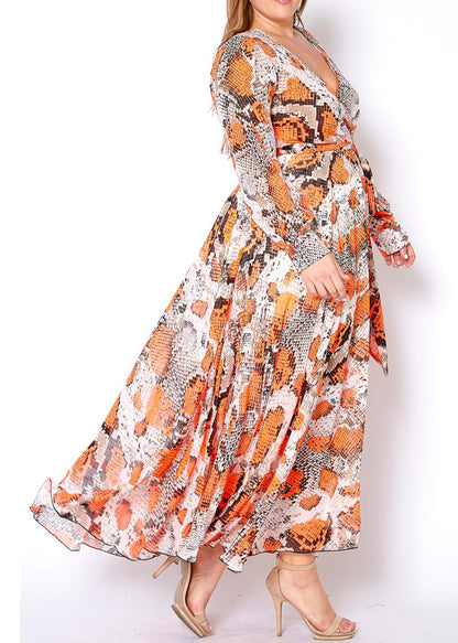 Hi Curvy Plus Size Women Orange Snakeskin Chiffon Maxi Dress Made in USA