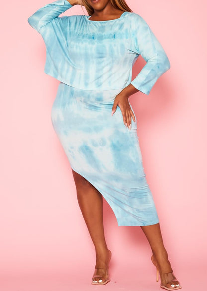 HI Curvy Plus Size Women Tie Dye Sweatshirt & Midi Dress Set
