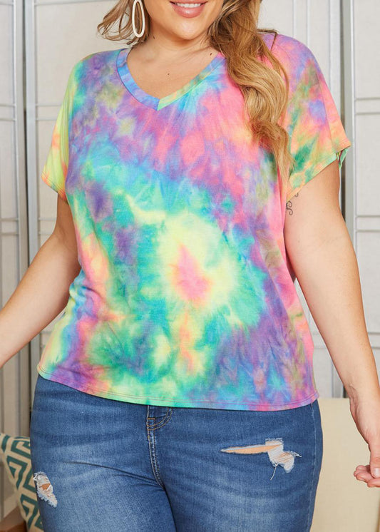 Hi Curvy Plus Size Women Rainbow Tie Dye V-Neck Shirts Made in USA