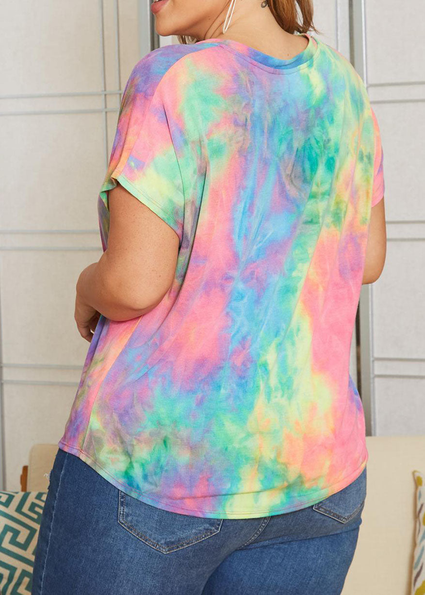 Hi Curvy Plus Size Women Rainbow Tie Dye V-Neck Shirts Made in USA