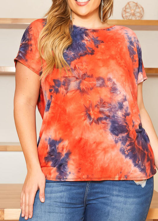 HI Curvy Plus Size Women Tie Dye Cross Lace Open Back Design Shirt
