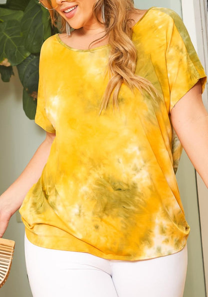 HI Curvy Plus Size Women Tie Dye Cross Lace Open Back Design Shirt