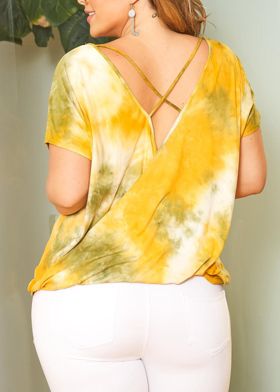 HI Curvy Plus Size Women Tie Dye Cross Lace Open Back Design Shirt