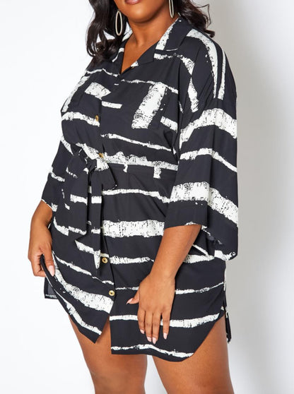 HI CURVY Plus Size Abstract Striped Button Front Mini Dress Made In USA