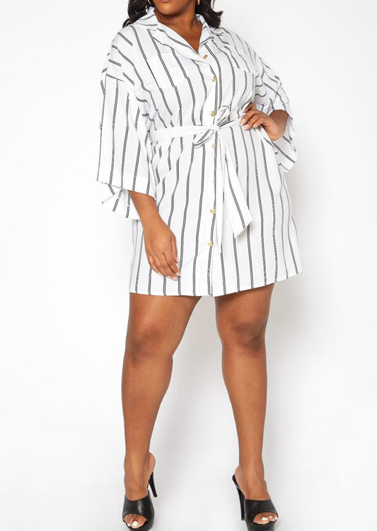 Hi Curvy Plus Size Women Pin Striped Button Front Mini Dress Made in USA