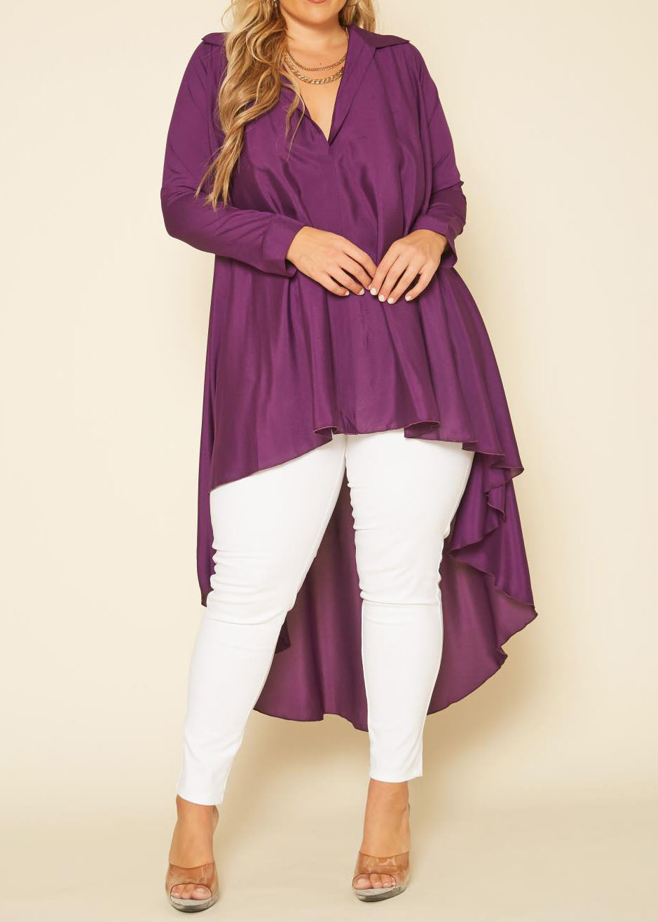 Hi Curvy Plus Size Open Collar High To Low Chiffon Blouse Made In USA