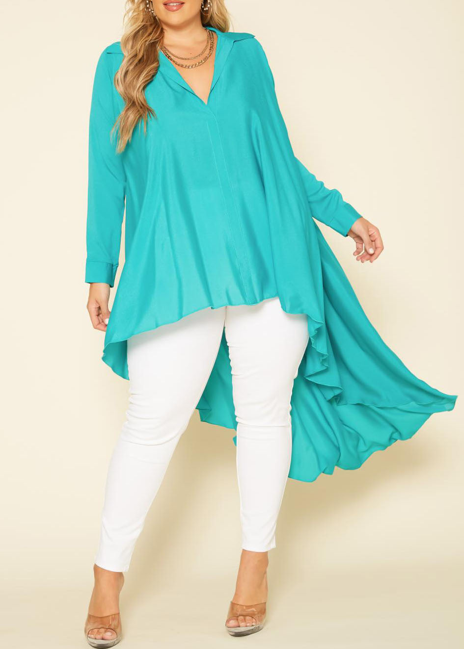 Hi Curvy Plus Size Open Collar High To Low Chiffon Blouse Made In USA