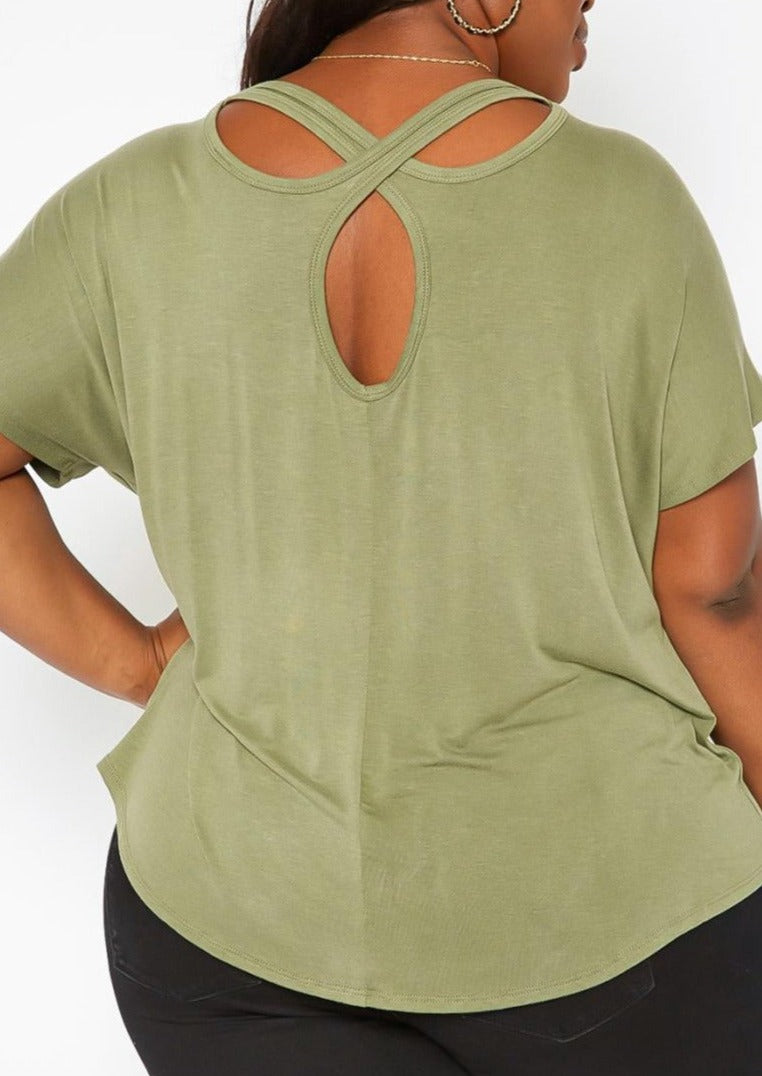 Hi Curvy Plus Size Back Cross Hem Design T Shirt