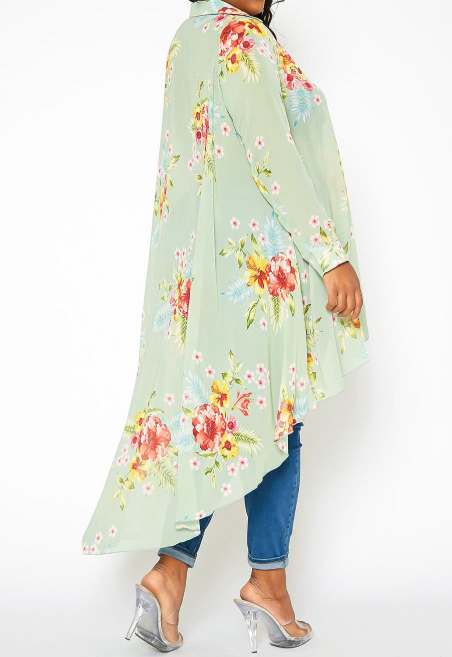 HI CURVY Plus Size Floral Print High Low Collar Cardigan