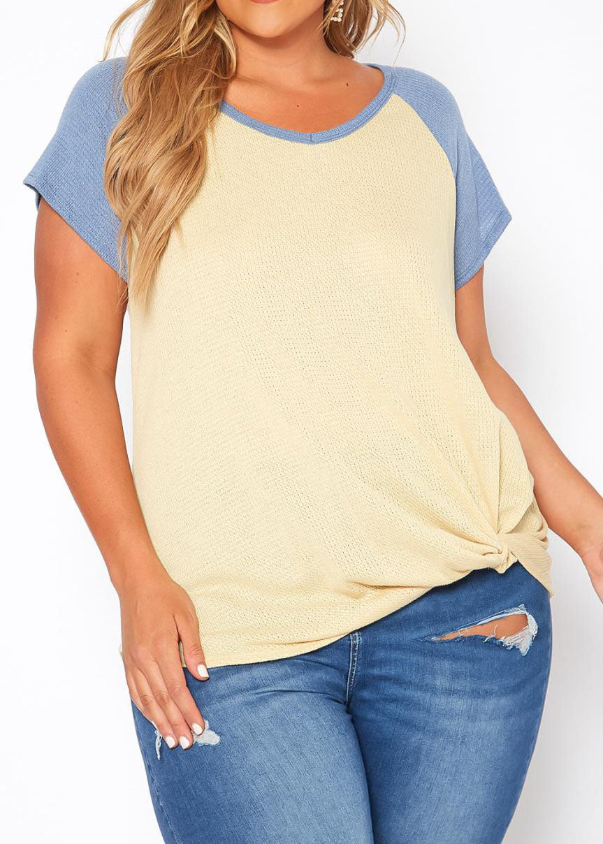 HI Curvy Plus Size Women Waffle Knit Baseball Sleeve Tee Shirt