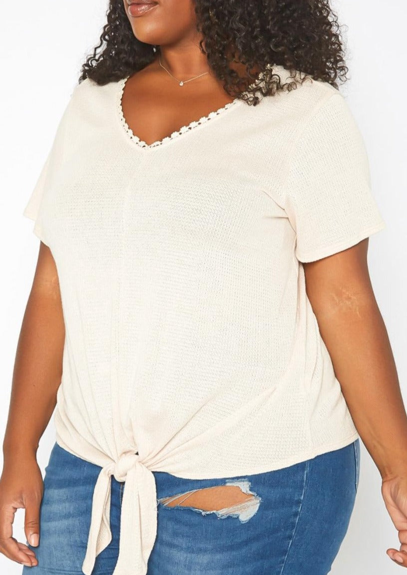 Hi Curvy Plus Size Women Crochet Trim V Neck Shirt