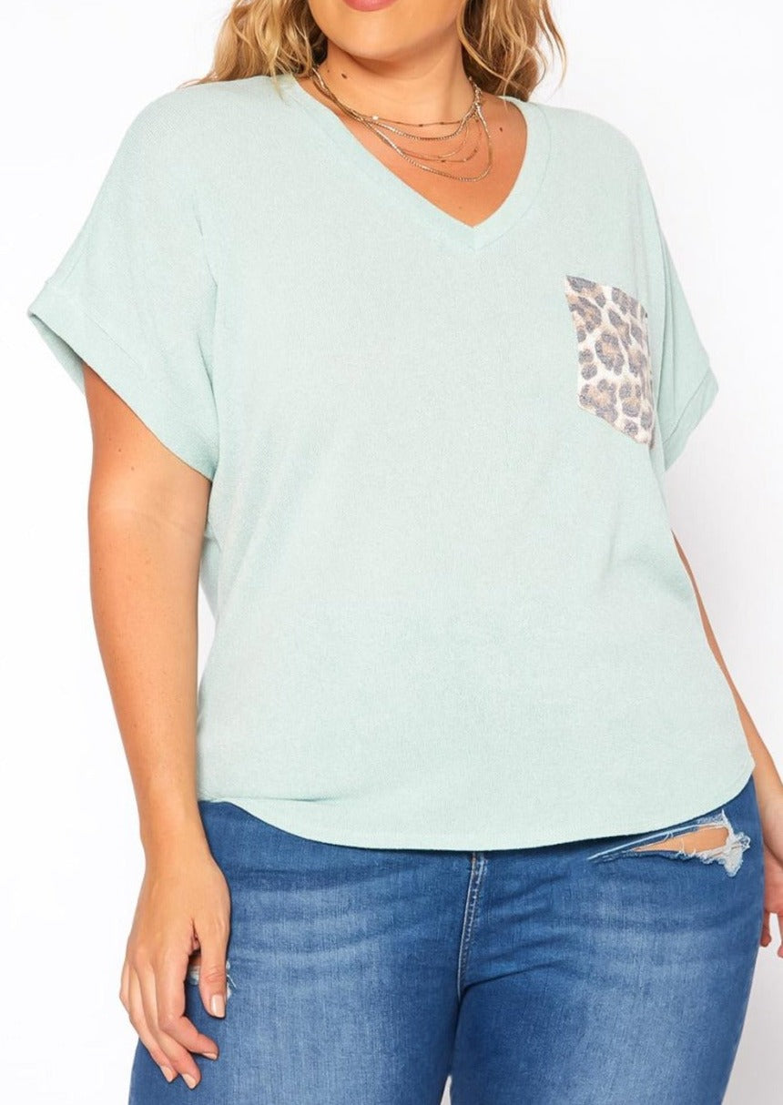 Hi Curvy Plus Size Leopard Pocket Hem V Neck Shirt