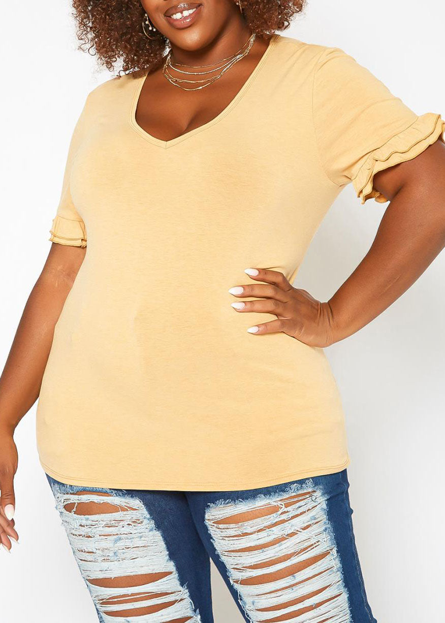 HI Curvy Plus Size Women Ruffle Trim V Neck Tee Shirt Made in USA