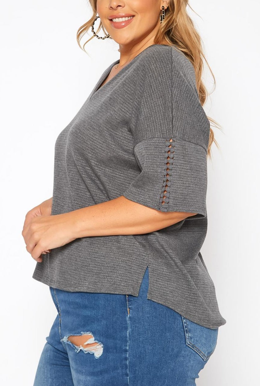 Hi Curvy Plus Size Comfy Knit V Neck T Shirt