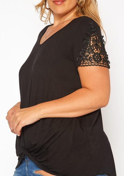 Hi Curvy Plus Size Crochet Hem Short Sleeve Shirt