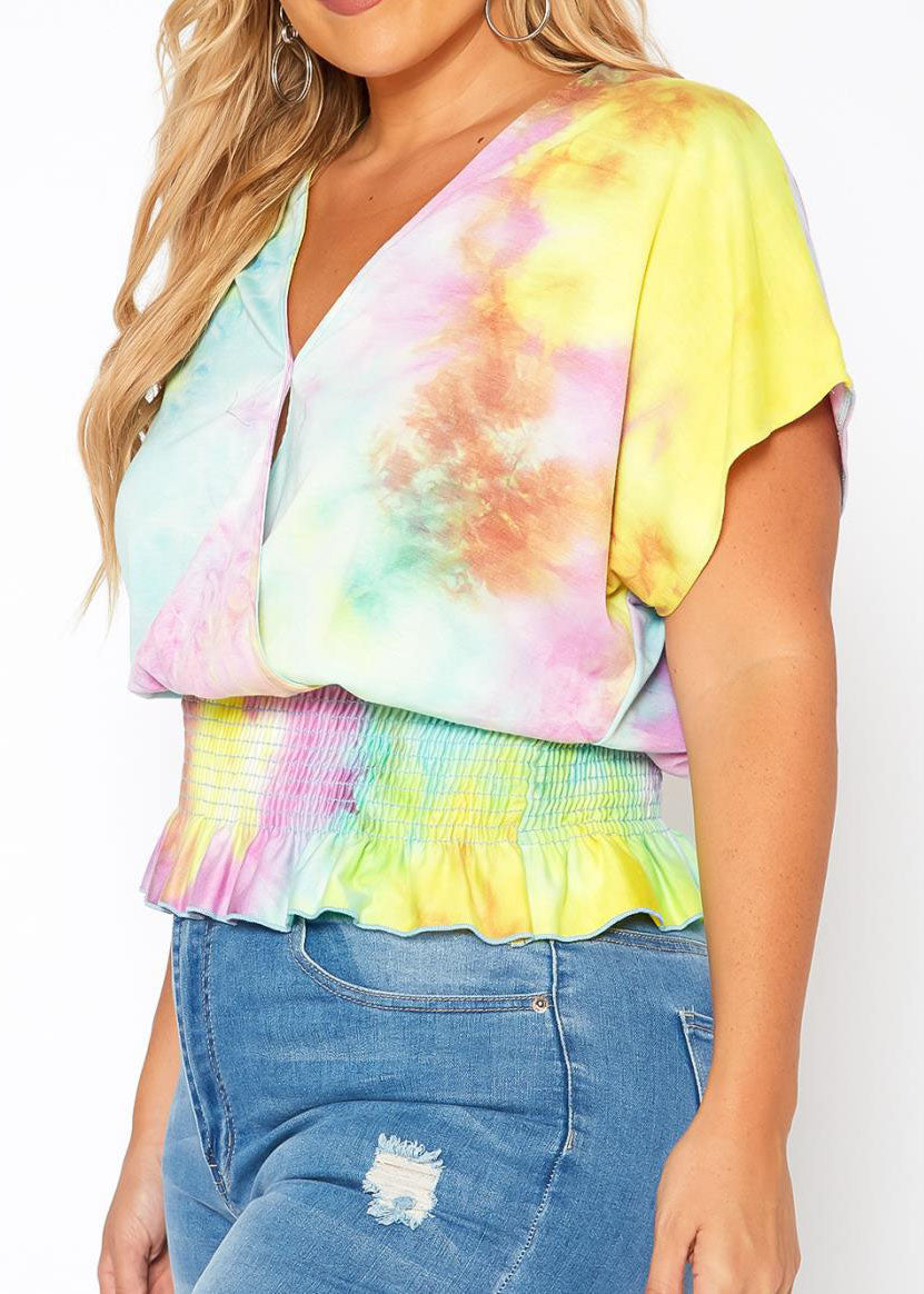 Hi Curvy Plus Size Women Tie Dye Smocked Top