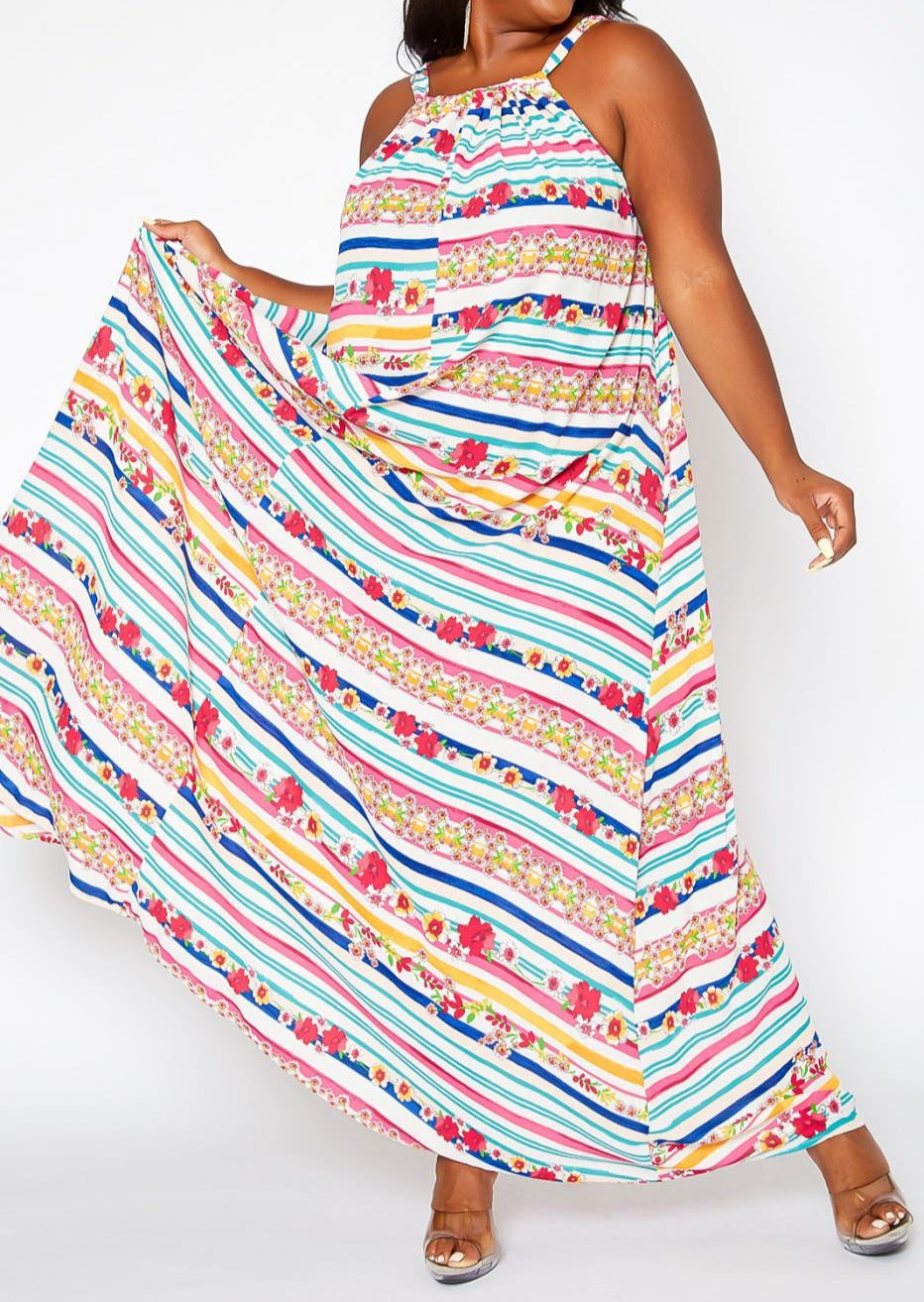 Hi Curvy Plus Size Women Plus Size Floral Striped Maxi Flare Dress with Pockets
