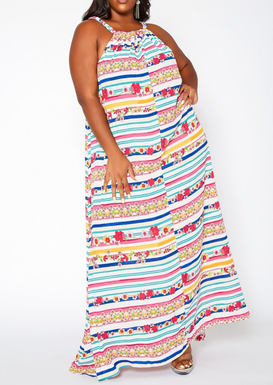 Hi Curvy Plus Size Women Plus Size Floral Striped Maxi Flare Dress with Pockets