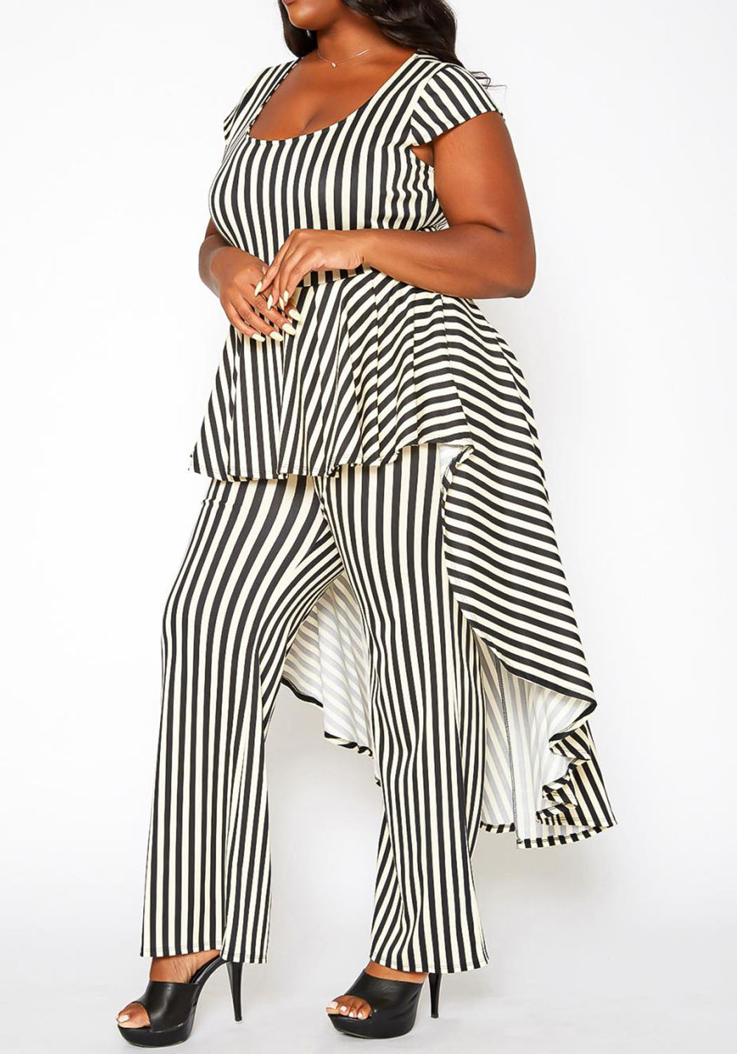 HI Curvy Plus Size Women Striped Cape Flare Jumpsuit