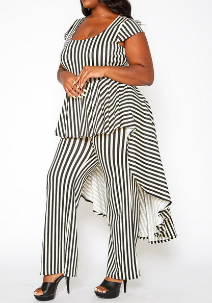 HI Curvy Plus Size Women Striped Cape Flare Jumpsuit