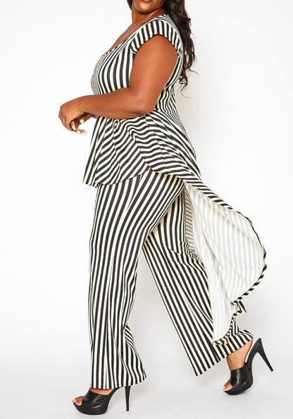 HI Curvy Plus Size Women Striped Cape Flare Jumpsuit