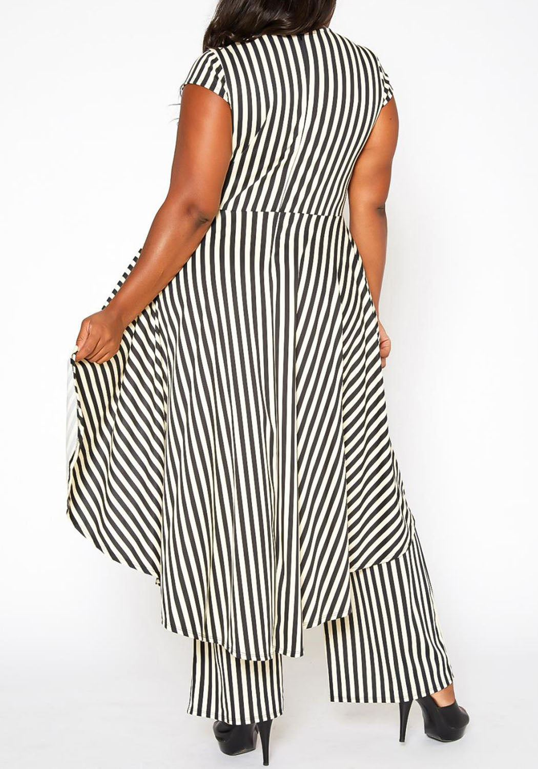 HI Curvy Plus Size Women Striped Cape Flare Jumpsuit