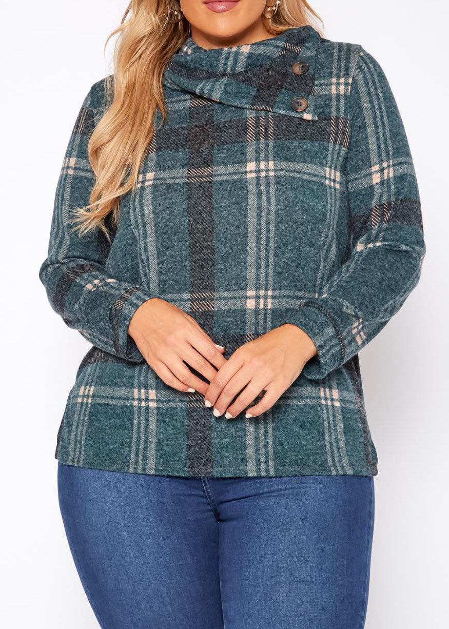 HI Curvy Plus Size Plaid Print Asymmetric Neck Sweater made in USA