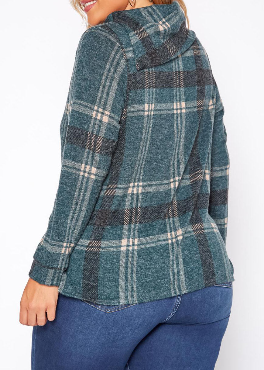 HI Curvy Plus Size Plaid Print Asymmetric Neck Sweater made in USA
