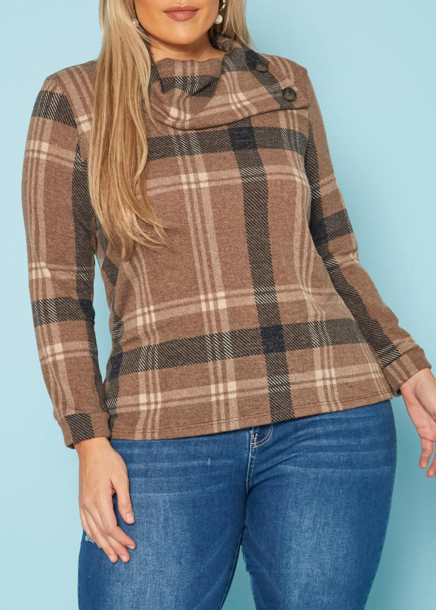 HI Curvy Plus Size Plaid Print Asymmetric Neck Sweater made in USA