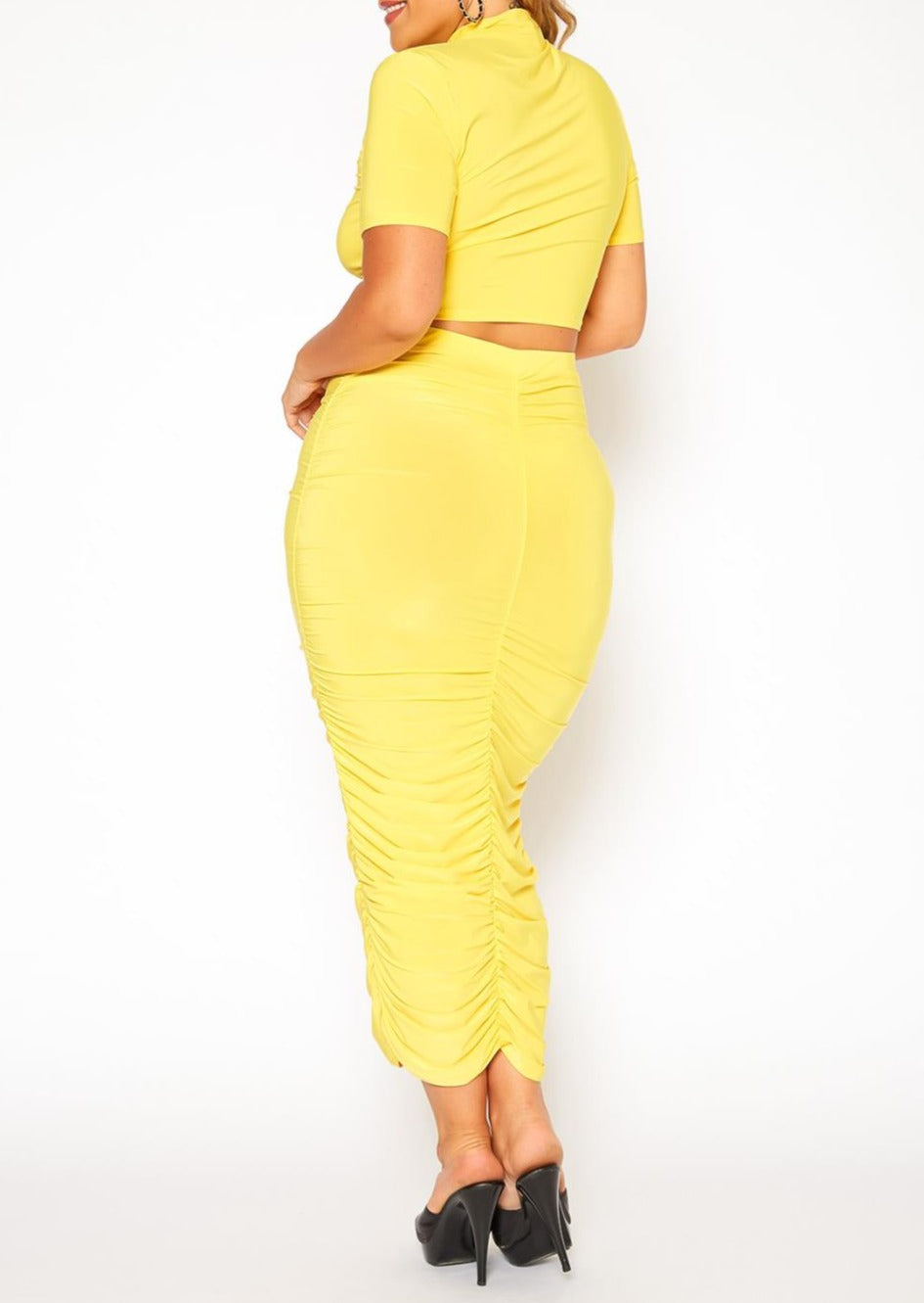 HI Curvy Plus Size Women Ruched Mock Neck Top & Maxi Skirt Sets