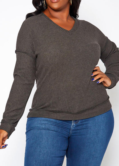 Hi Curvy Plus Size Waffle Knit V Neck Top