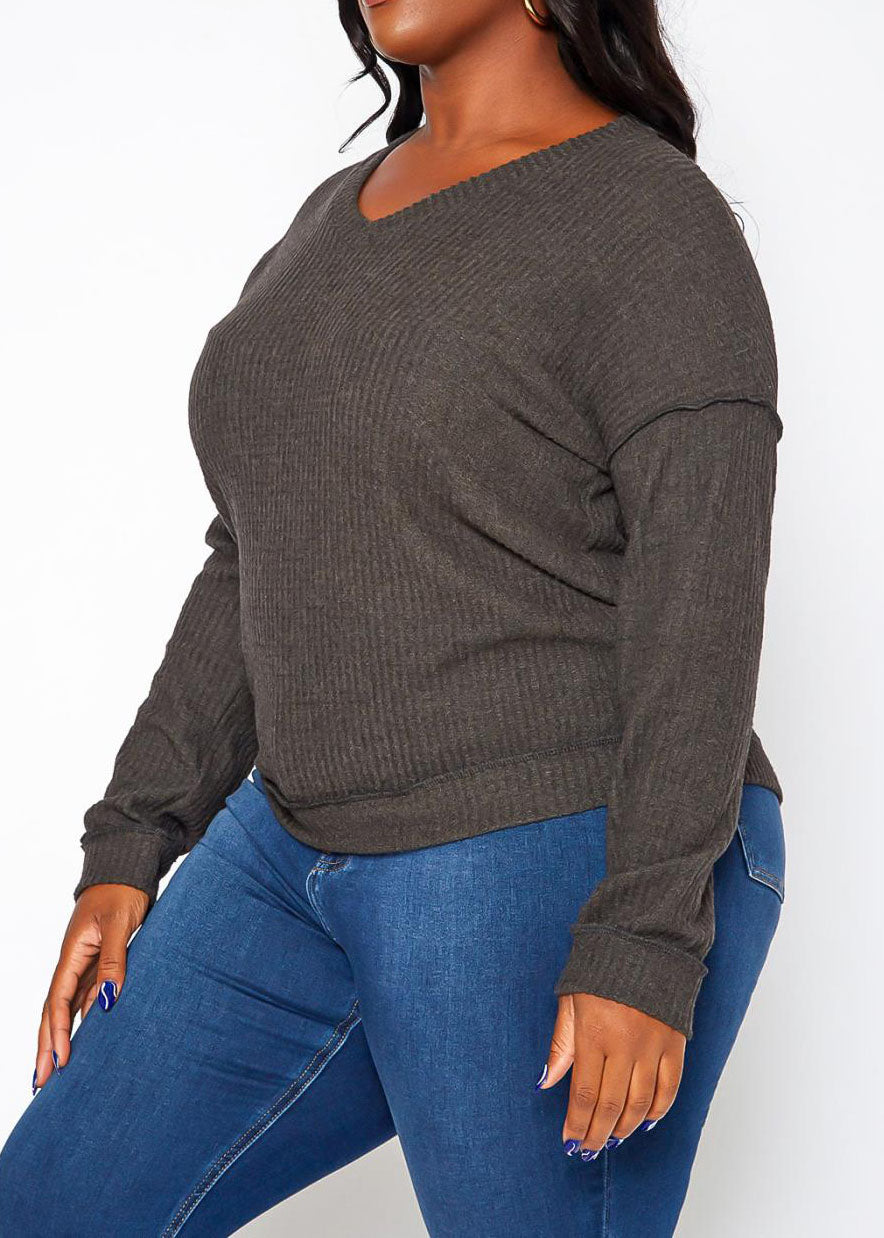 Hi Curvy Plus Size Waffle Knit V Neck Top