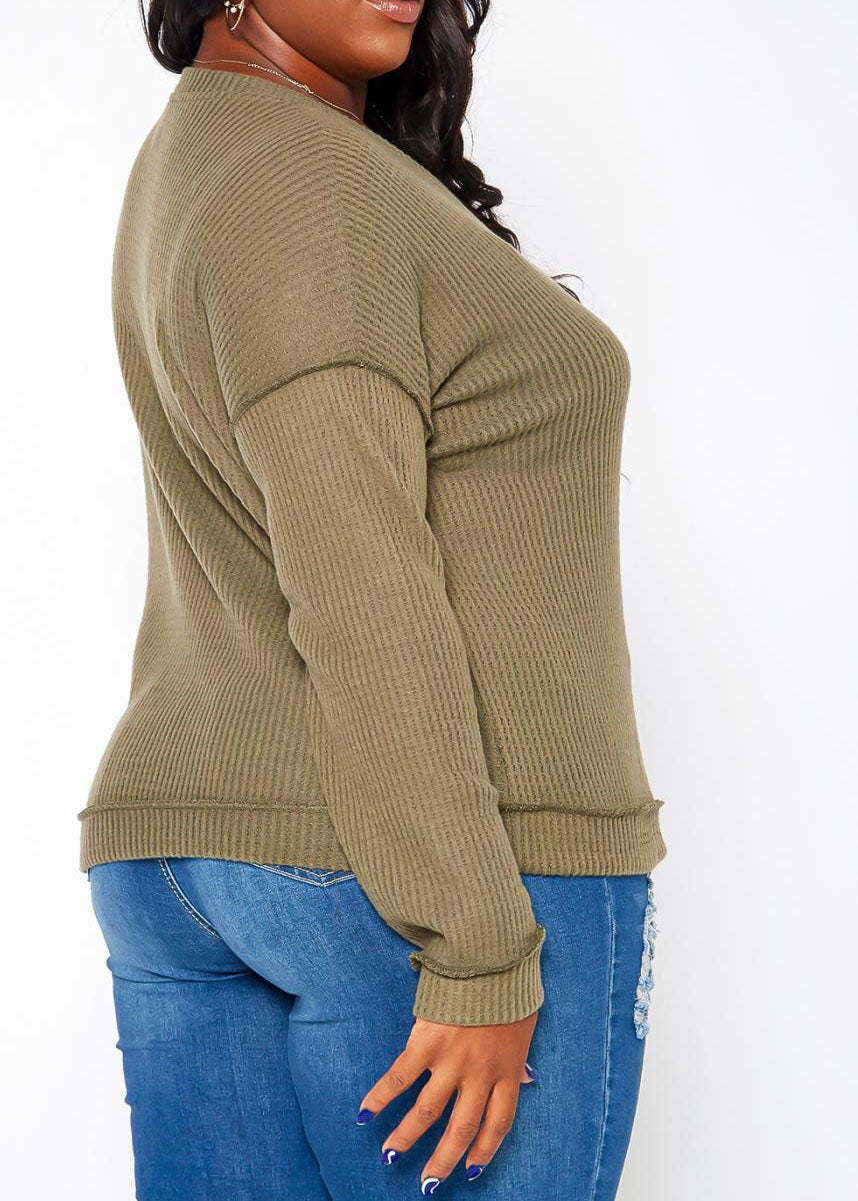 Hi Curvy Plus Size Waffle Knit V Neck Top