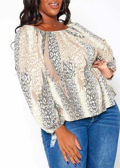 HI Curvy Plus Size Women Leopard Print Peplum Shirts