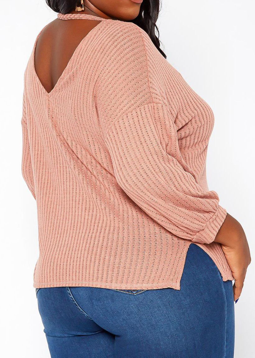 Hi Curvy Plus Size Women Waffle Knit Open Back Sweater