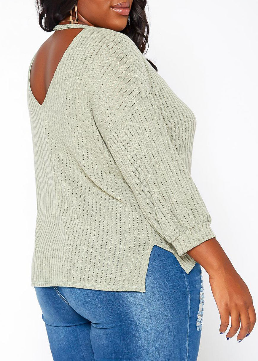 Hi Curvy Plus Size Women Waffle Knit Open Back Sweater